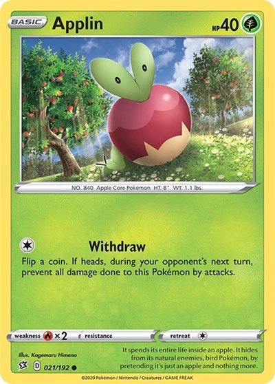 Pokémon card: Applin 021/192 from Rebel Clash (Common), Grass type, front of card