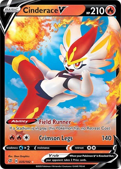 Pokémon card: Cinderace V 035/192 from Rebel Clash (Ultra Rare), Fire type, front of card