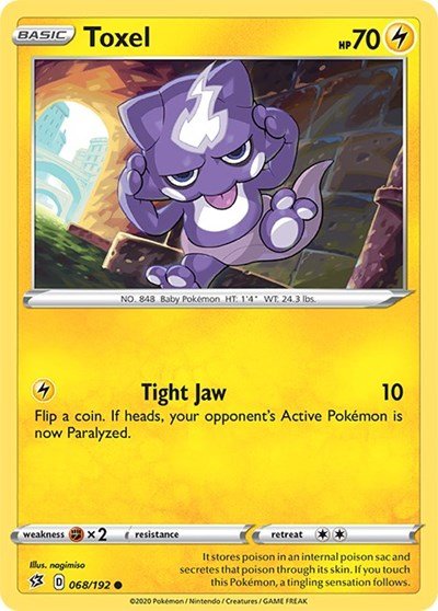 Pokémon card: Toxel 068/192 from Rebel Clash (Common), Lightning type, front of card