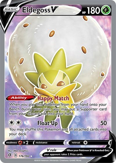 Pokémon card: Eldegoss V (Full Art) 176/192 from Rebel Clash (Ultra Rare), Grass type, front of card