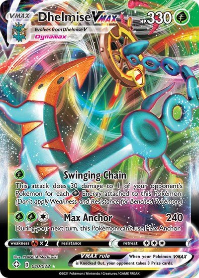 Pokémon card: Dhelmise VMAX 010/072 from Shining Fates (Ultra Rare), Grass type, front of card