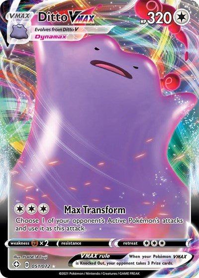 Pokémon card: Ditto VMAX 051/072 from Shining Fates (Ultra Rare), Colorless type, front of card