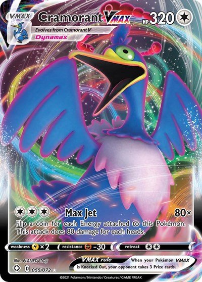 Pokémon card: Cramorant VMAX 055/072 from Shining Fates (Ultra Rare), Colorless type, front of card