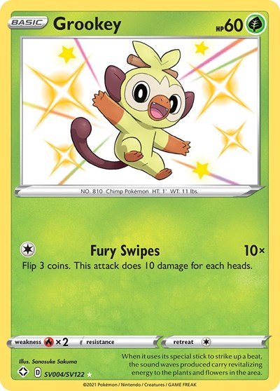 Pokémon card: Grookey SV004/SV122 from Shining Fates (Shiny Holo Rare), Grass type, front of card