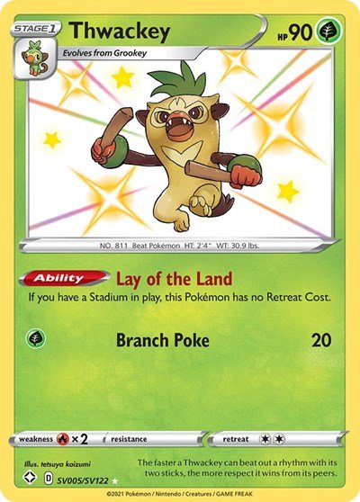 Pokémon card: Thwackey SV005/SV122 from Shining Fates (Shiny Holo Rare), Grass type, front of card
