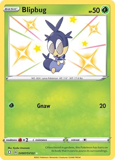 Pokémon card: Blipbug SV007/SV122 from Shining Fates (Shiny Holo Rare), Grass type, front of card