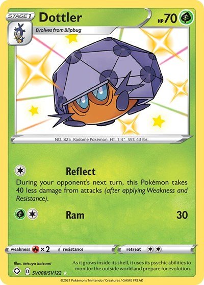 Pokémon card: Dottler SV008/SV122 from Shining Fates (Shiny Holo Rare), Grass type, front of card