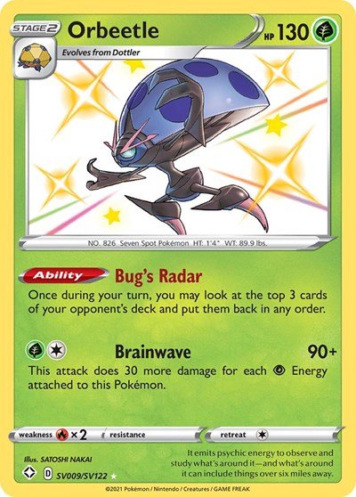 Pokémon card: Orbeetle SV009/SV122 from Shining Fates (Shiny Holo Rare), Grass type, front of card