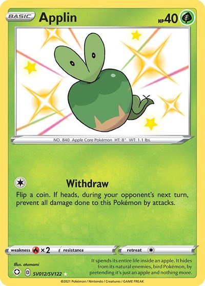 Pokémon card: Applin SV012/SV122 from Shining Fates (Shiny Holo Rare), Grass type, front of card