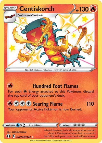 Pokémon card: Centiskorch SV019/SV122 from Shining Fates (Shiny Holo Rare), Fire type, front of card