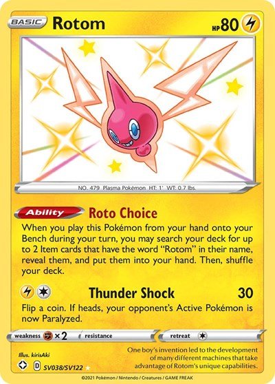 Pokémon card: Rotom SV038/SV122 from Shining Fates (Shiny Holo Rare), Lightning type, front of card