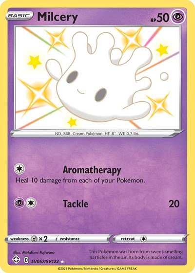 Pokémon card: Milcery SV057/SV122 from Shining Fates (Shiny Holo Rare), Psychic type, front of card