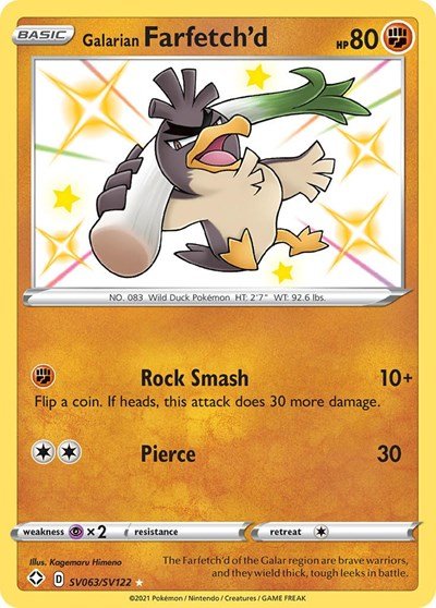 Pokémon card: Galarian Farfetch'd SV063/SV122 from Shining Fates (Shiny Holo Rare), Fighting type, front of card