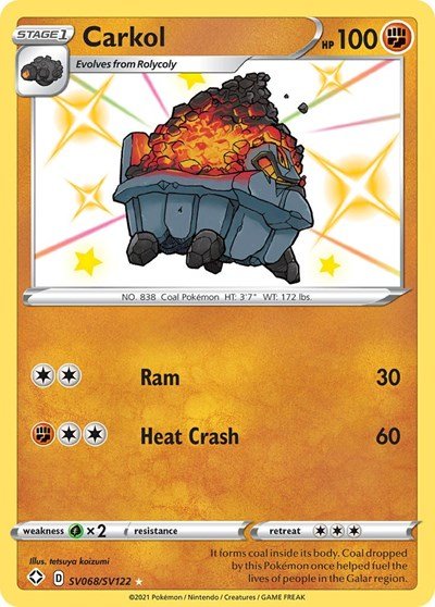 Pokémon card: Carkol SV068/SV122 from Shining Fates (Shiny Holo Rare), Fighting type, front of card