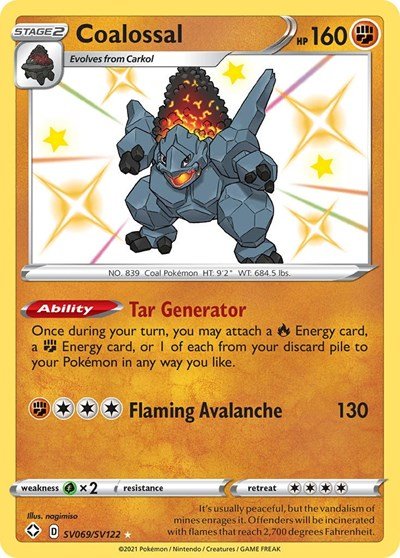 Pokémon card: Coalossal SV069/SV122 from Shining Fates (Shiny Holo Rare), Fighting type, front of card