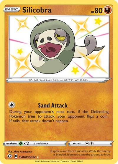 Pokémon card: Silicobra SV070/SV122 from Shining Fates (Shiny Holo Rare), Fighting type, front of card