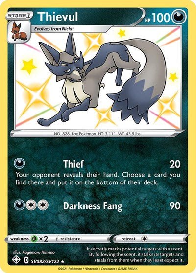 Pokémon card: Thievul SV082/SV122 from Shining Fates (Shiny Holo Rare), Darkness type, front of card
