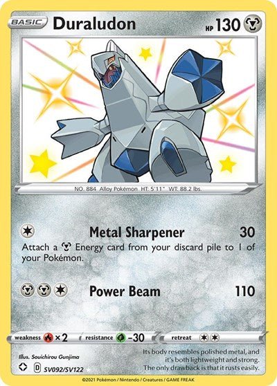 Pokémon card: Duraludon SV092/SV122 from Shining Fates (Shiny Holo Rare), Metal type, front of card