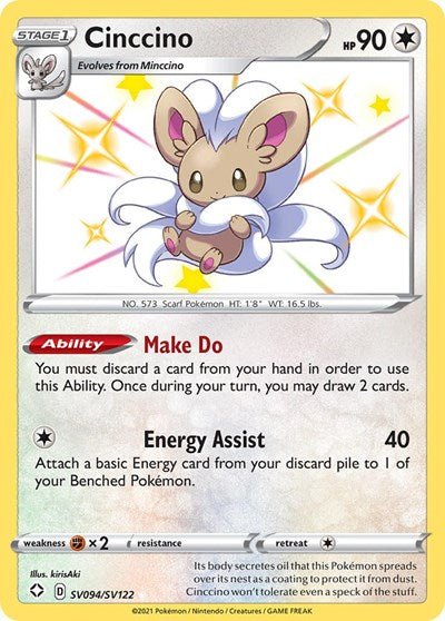 Pokémon card: Cinccino SV094/SV122 from Shining Fates (Shiny Holo Rare), Colorless type, front of card