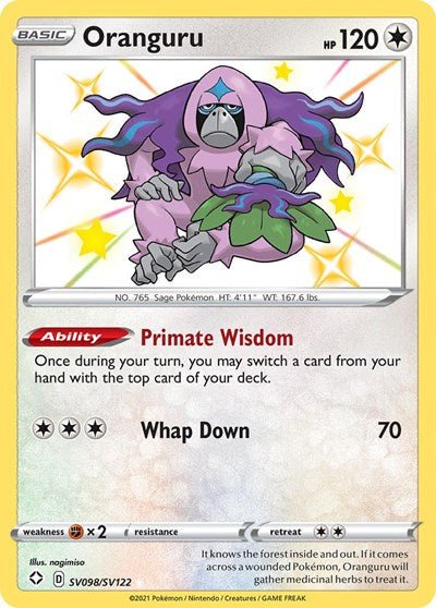 Pokémon card: Oranguru SV098/SV122 from Shining Fates (Shiny Holo Rare), Colorless type, front of card
