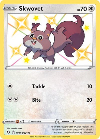 Pokémon card: Skwovet SV099/SV122 from Shining Fates (Shiny Holo Rare), Colorless type, front of card