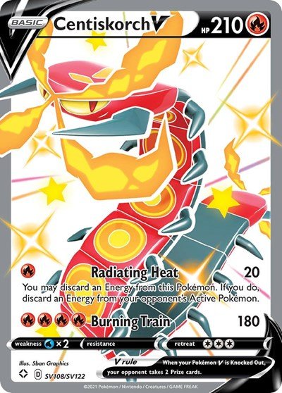 Pokémon card: Centiskorch V SV108/SV122 from Shining Fates (Shiny Holo Rare), Fire type, front of card