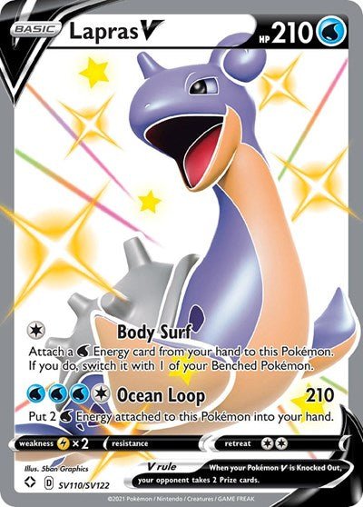 Pokémon card: Lapras V SV110/SV122 from Shining Fates (Shiny Holo Rare), Water type, front of card