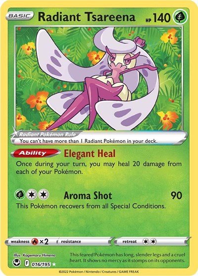 Pokémon card: Radiant Tsareena 016/195 from Silver Tempest (Radiant Rare), Grass type, front of card