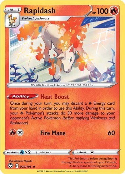 Pokémon card: Rapidash 022/195 from Silver Tempest (Holo Rare), Fire type, front of card