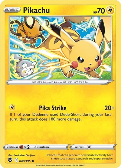 Pokémon card: Pikachu 049/195 from Silver Tempest (Common), Lightning type, front of card