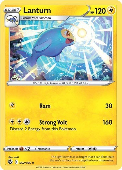 Pokémon card: Lanturn 052/195 from Silver Tempest (Uncommon), Lightning type, front of card