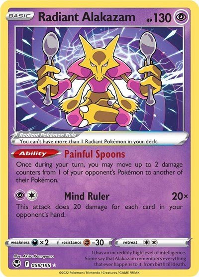 Pokémon card: Radiant Alakazam 059/195 from Silver Tempest (Radiant Rare), Psychic type, front of card