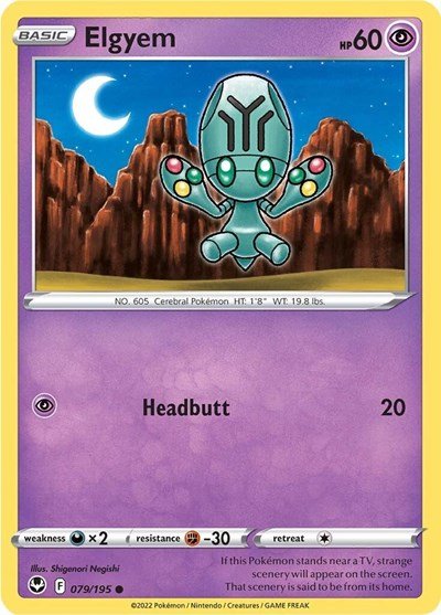 Pokémon card: Elgyem 079/195 from Silver Tempest (Common), Psychic type, front of card
