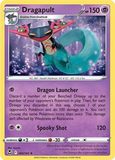 Pokémon card: Dragapult 089/195 from Silver Tempest (Holo Rare), Psychic type, front of card