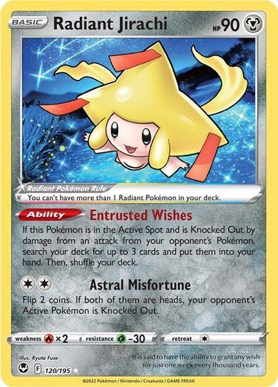 Pokémon card: Radiant Jirachi 120/195 from Silver Tempest (Radiant Rare), Metal type, front of card