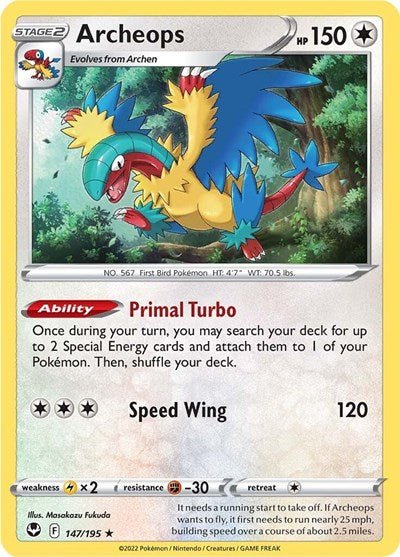 Pokémon card: Archeops 147/195 from Silver Tempest (Holo Rare), Colorless type, front of card