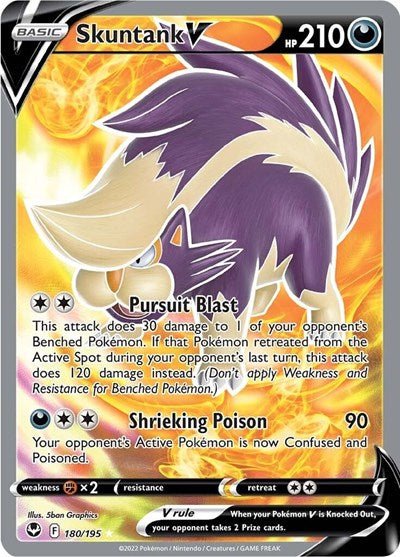 Pokémon card: Skuntank V (Full Art) 180/195 from Silver Tempest (Ultra Rare), Darkness type, front of card