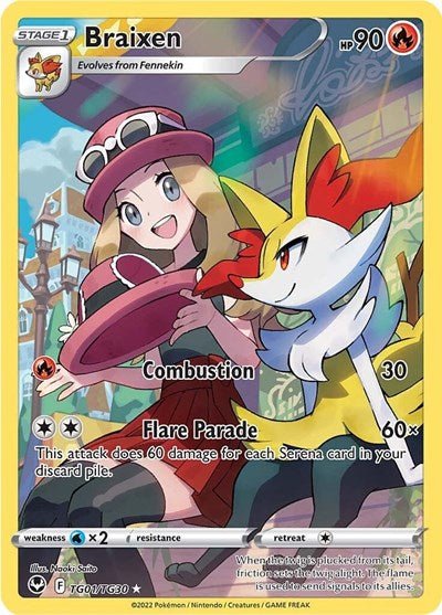 Pokémon card: Braixen TG01/TG30 from Silver Tempest Trainer Gallery (Ultra Rare), Fire type, front of card