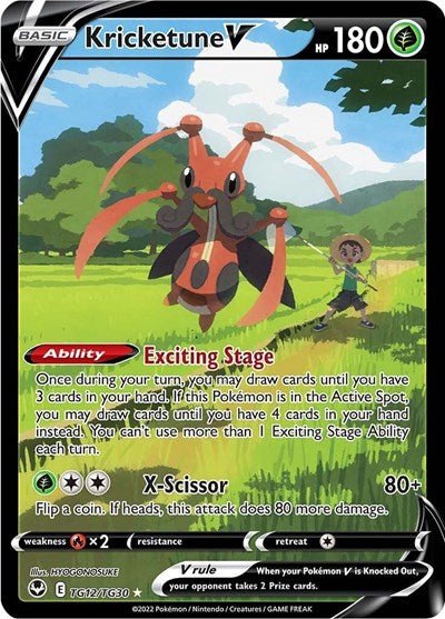 Pokémon card: Kricketune V TG12/TG30 from Silver Tempest Trainer Gallery (Ultra Rare), Grass type, front of card