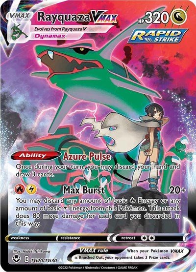 Pokémon card: Rayquaza VMAX TG20/TG30 from Silver Tempest Trainer Gallery (Ultra Rare), Dragon type, front of card