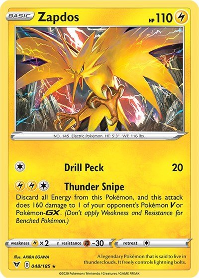 Pokémon card: Zapdos 048/185 from Vivid Voltage (Holo Rare), Lightning type, front of card