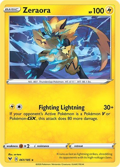 Pokémon card: Zeraora 061/185 from Vivid Voltage (Holo Rare), Lightning type, front of card