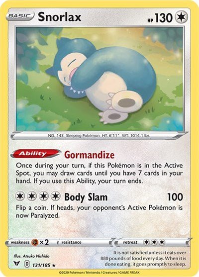 Pokémon card: Snorlax 131/185 from Vivid Voltage (Holo Rare), Colorless type, front of card