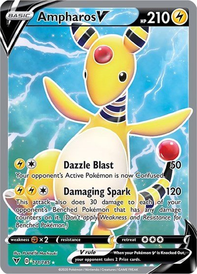 Pokémon card: Ampharos V (Full Art) 171/185 from Vivid Voltage (Ultra Rare), Lightning type, front of card